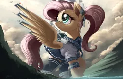 Size: 2500x1618 | Tagged: safe, artist:ncmares, derpibooru import, fluttershy, boatpony, pegasus, pony, aircraft carrier, anime, azur lane, bandage, bandaid, clothes, cloud, crossover, cute, female, flutterkaku, flutterprise, giant pony, giantess, kantai collection, lighthouse, macro, mare, plane, pleated skirt, ponytail, raised hoof, shipmare, shyabetes, signature, skirt, skirt lift, sky, socks, solo, spread wings, stockings, thigh highs, water, wings, zettai ryouiki