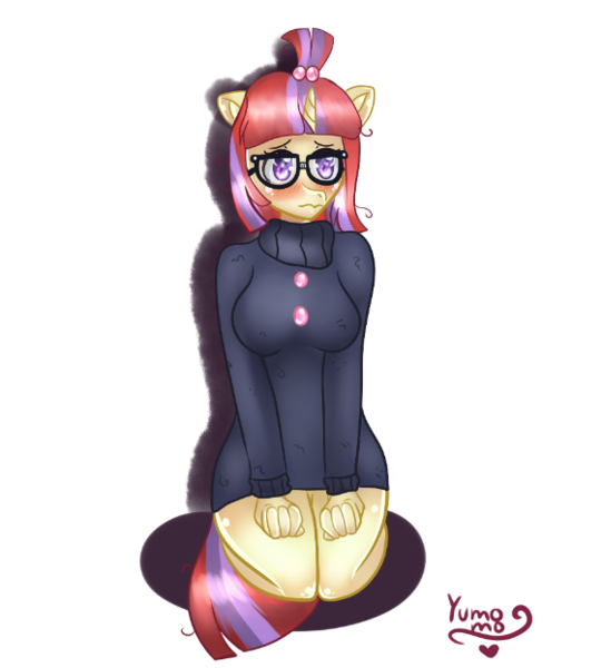 Size: 560x622 | Tagged: anthro, artist:yumomochan, blushing, bottomless, clothes, derpibooru import, female, glasses, looking at you, moondancer, partial nudity, safe, signature, simple background, solo, white background