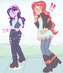 Size: 1744x1996 | Tagged: suggestive, artist:lawrence alpaca, derpibooru import, starlight glimmer, sunset shimmer, equestria girls, blushing, breasts, exclamation point, pissing, urine, wetting