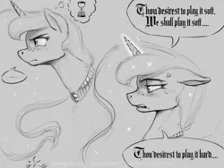 Size: 1200x900 | Tagged: safe, artist:amarynceus, deleted from derpibooru, derpibooru import, princess luna, alicorn, pony, blackletter, bust, dialogue, female, floppy ears, freckles, gray background, grayscale, hourglass, mare, monochrome, open mouth, simple background, sketch, speech bubble