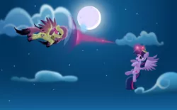 Size: 8000x4950 | Tagged: safe, artist:rainbownspeedash, derpibooru import, fluttershy, twilight sparkle, twilight sparkle (alicorn), alicorn, pony, .ai available, absurd resolution, barrier, beam, big crown thingy, cloud, cloudy, colored wings, colored wingtips, corrupted, crying, element of kindness, element of magic, evil, female, flying, force field, frown, glare, glowing eyes, gritted teeth, jewelry, magic, mare, moon, night, open mouth, possessed, regalia, sombra eyes, spread wings, tears of fear, teary eyes, vector, wings