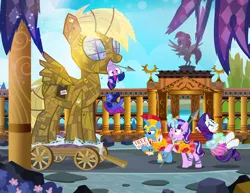 Size: 1000x773 | Tagged: armor, artist:pixelkitties, cassandra, clothes, cosplay, costume, derpibooru import, derpy hooves, dragon, helmet, magic, pillow, rarity, safe, seems legit, spear, spike, starlight glimmer, telekinesis, the iliad, the trojan war, this will end in pillaging, this will end in war, trixie, trojan derpy, trojan horse, trojan pony, troy, twilight sparkle, wagon, weapon