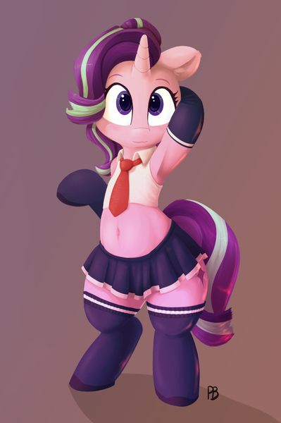 Size: 763x1147 | Tagged: safe, artist:pabbley, artist:transgressors-reworks, derpibooru import, edit, starlight glimmer, pony, semi-anthro, unicorn, arm behind head, armpits, belly button, bipedal, clothes, colored, cute, female, glimmerbetes, gloves, gradient background, mare, midriff, miniskirt, moe, necktie, pleated skirt, raised hoof, school uniform, shirt, shoes, short shirt, signature, skirt, socks, solo, thigh highs