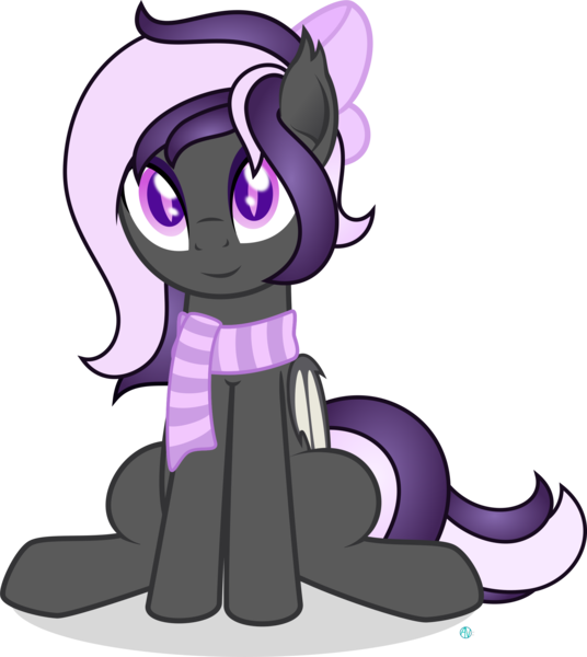 Size: 2000x2238 | Tagged: safe, artist:arifproject, derpibooru import, oc, oc:nightwalker, unofficial characters only, bat pony, 2018 community collab, derpibooru community collaboration, bat pony oc, clothes, ribbon, scarf, simple background, sitting, transparent background, vector