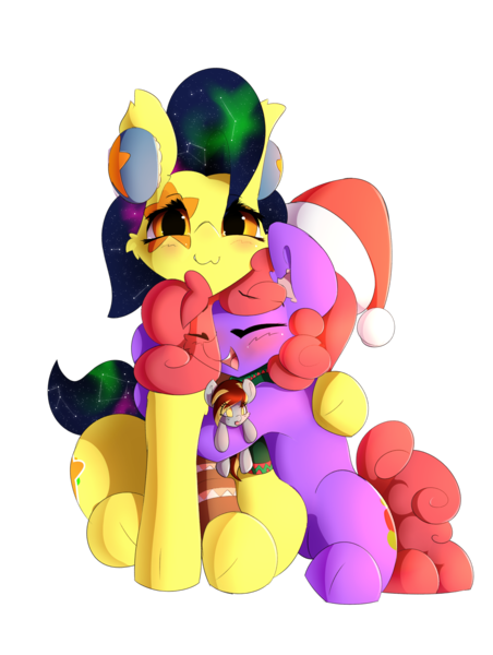 Size: 2840x3771 | Tagged: safe, artist:n0nnny, derpibooru import, oc, oc:mixi creamstar, oc:tinker toy, oc:violet patronage, unofficial characters only, earth pony, pegasus, pony, 2018 community collab, derpibooru community collaboration, :p, blushing, clothes, galaxy mane, hat, hug, open mouth, plushie, scarf, silly, simple background, teeth, tongue out, toy, transparent background, viostar