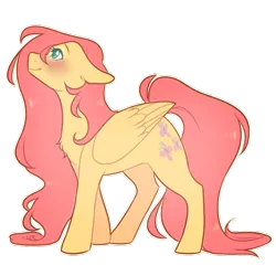 Size: 1024x1024 | Tagged: safe, artist:snowolive, derpibooru import, fluttershy, pegasus, pony, female, floppy ears, folded wings, looking away, looking up, mare, profile, simple background, smiling, solo, standing, transparent background, wings