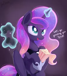 Size: 1980x2250 | Tagged: safe, artist:bugplayer, derpibooru import, princess luna, alicorn, pony, gamer luna, chest fluff, controller, dialogue, ear fluff, female, food, glowing horn, levitation, magic, mare, open mouth, popcorn, sitting, smiling, solo, telekinesis, video game