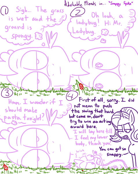 Size: 4779x6013 | Tagged: safe, artist:adorkabletwilightandfriends, derpibooru import, spike, starlight glimmer, dragon, ladybug, pony, comic:adorkable twilight and friends, absurd resolution, adorkable friends, comic, grass, humor, lineart, slice of life