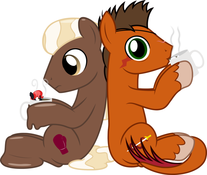 Size: 2382x2018 | Tagged: safe, artist:badumsquish, derpibooru import, oc, oc:chocolate medley, oc:mave, oc:rustback, unofficial characters only, alp-luachra, goo pony, monster pony, original species, pony, tatzlpony, 2018 community collab, derpibooru community collaboration, back to back, boxing glove, chocolate, cup, cup of pony, drinking, eye contact, eyepatch, female, food, frown, high res, hoof hold, hot chocolate, looking at each other, looking at you, male, mare, marshmallow, melting, micro, mug, ponytail, rod of asclepius, simple background, sitting, stallion, steam, surprised, swimming, transparent background, unshorn fetlocks, wide eyes