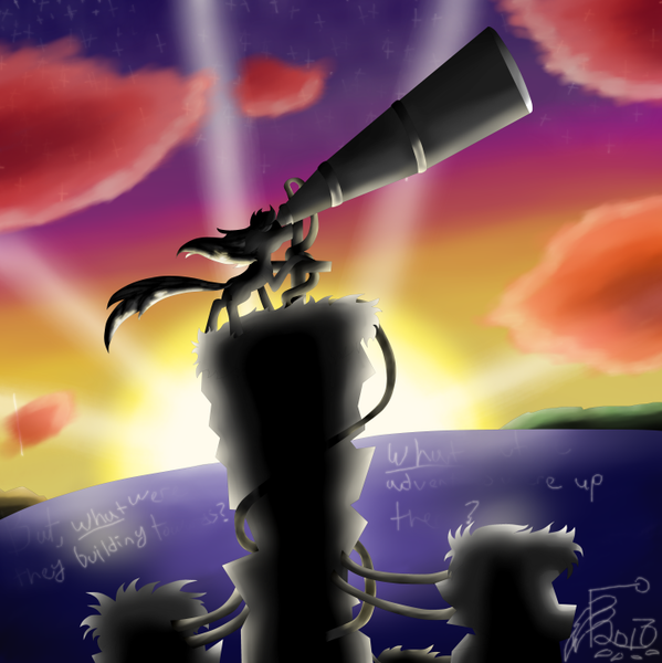 Size: 720x721 | Tagged: safe, artist:florarena-kitasatina/dragonborne fox, derpibooru import, pony, black foreground, cloud, crossover, erased dialogue, island, not sure if ponified, ocean, solo, spoilers for a game, stars, sunset, telescope, watermark, windswept mane, wires, world of goo