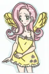 Size: 696x1064 | Tagged: artist:lorenavldz09, blushing, breasts, cleavage, clothes, derpibooru import, dress, female, fluttershy, human, humanized, looking at you, safe, solo, spread wings, traditional art, winged humanization, wings, yellow dress