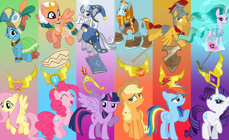 Size: 5400x3300 | Tagged: safe, artist:cuboneminer, artist:grievousfan, artist:jhayarr23, artist:shiningwaterfall, derpibooru import, applejack, flash magnus, fluttershy, meadowbrook, mistmane, pinkie pie, rainbow dash, rarity, rockhoof, somnambula, star swirl the bearded, twilight sparkle, twilight sparkle (alicorn), alicorn, earth pony, pegasus, pony, unicorn, spoiler:s07, beard, big crown thingy, braid, clothes, element of beauty, element of bravery, element of generosity, element of healing, element of honesty, element of hope, element of kindness, element of laughter, element of loyalty, element of magic, element of sorcery, element of strength, elements of harmony, facial hair, female, flower, gradient background, healer's mask, jewelry, male, mare, mask, mistmane's flower, moustache, netitus, pillars of equestria, raised eyebrow, raised hoof, regalia, rockhoof's shovel, shield, somnambula's blindfold, stallion, starswirl's book