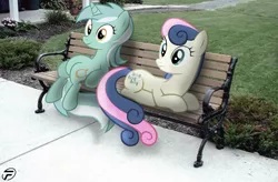 Size: 900x592 | Tagged: artist:lukijimomk, bench, bon bon, derpibooru import, duo, irl, lyra heartstrings, photo, ponies in real life, ponies sitting next to each other, safe, sweetie drops