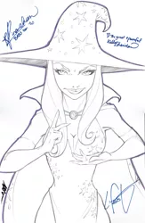 Size: 2169x3326 | Tagged: accessory swap, artist:nicole gauss, autograph, breasts, cape, cleavage, clothes, commission, derpibooru import, female, hat, human, humanized, jewelry, kelly sheridan, kira buckland, lauren faust, looking at you, magician outfit, necklace, rina-chan, safe, signature, sketch, solo, trixie, trixie's hat