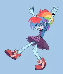Size: 1200x1400 | Tagged: safe, artist:xenon, derpibooru import, rainbow dash, equestria girls, friendship through the ages, 80s, anger (inside out), blue background, blushing, clothes, dress, eyes closed, female, fishnets, image, inside out, metal horns, multicolored hair, open mouth, png, rainbow punk, shoes, simple background, smiling, solo, torn clothes