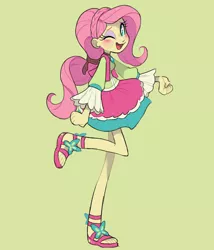 Size: 1200x1400 | Tagged: safe, artist:xenon, derpibooru import, fluttershy, equestria girls, friendship through the ages, clothes, cute, dress, fear (inside out), feet, female, folk fluttershy, image, inside out, looking at you, one eye closed, open mouth, png, raised leg, sandals, shyabetes, simple background, smiling, solo, wink, yellow background