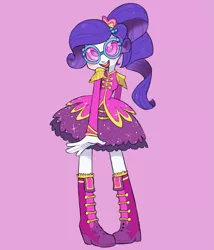 Size: 1201x1400 | Tagged: safe, artist:xenon, derpibooru import, rarity, equestria girls, friendship through the ages, alternate hairstyle, ancient wonderbolts uniform, blushing, clothes, dress, female, glasses, image, inside out, open mouth, pink background, png, sadness (inside out), sgt. rarity, shoes, simple background, smiling, solo, sunglasses