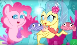 Size: 2671x1556 | Tagged: safe, artist:magpie-pony, derpibooru import, pinkie pie, princess skystar, shelldon, shelly, pony, seapony (g4), my little pony: the movie, baby, baby pie, baby pony, baby seapony (g4), clam, cute, diapinkes, seaponified, seapony pinkie pie, skyabetes, species swap, younger, youtube link