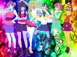 Size: 1454x1076 | Tagged: safe, artist:rebeeccadesings, derpibooru import, indigo zap, lemon zest, sour sweet, sugarcoat, sunny flare, sunset shimmer, twilight sparkle, equestria girls, alternate universe, anime, armpits, base used, clothes, dress, freckles, glasses, goggles, human sunset, looking at you, peace sign, smiling