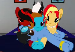 Size: 2408x1688 | Tagged: artist needed, bed, cuddling, derpibooru import, goggles, neomond, oc, oc:diamond breeze, oc:midnight ruby, oc:neo miles, oc:shadow star, pony pile, red and black oc, safe, second life, snuggling, sunset shimmer
