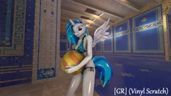 Size: 1920x1080 | Tagged: 3d, anthro, artist:gr-vinyl-scratch, ball, bikini, clothes, derpibooru import, looking at you, safe, shy, smiling, solo, source filmmaker, swimming pool, swimsuit, vinylcorn, vinyl scratch