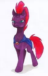 Size: 2648x4177 | Tagged: safe, artist:deoxtri, derpibooru import, fizzlepop berrytwist, tempest shadow, pony, my little pony: the movie, broken horn, cloak, clothes, solo, traditional art