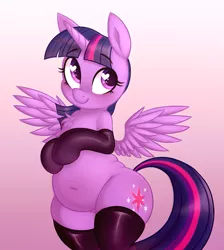 Size: 905x1009 | Tagged: suggestive, artist:toroitimu, derpibooru import, twilight sparkle, twilight sparkle (alicorn), alicorn, pony, semi-anthro, belly, belly button, bipedal, blushing, chest fluff, chubby, clothes, cute, evening gloves, fat, female, gloves, gradient background, heart eyes, long gloves, looking up, mare, plump, smiling, solo, solo female, spread wings, standing, stockings, thigh highs, twiabetes, twilard sparkle, wingding eyes, wings