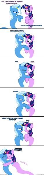 Size: 1050x4185 | Tagged: artist:navitaserussirus, asktwixiegenies, derpibooru import, female, horn ring, kissing, lesbian, safe, shipping, trixie, twilight sparkle, twixie