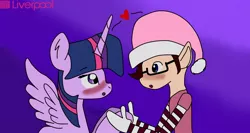 Size: 1600x850 | Tagged: safe, artist:briithanypegasister, derpibooru import, twilight sparkle, twilight sparkle (alicorn), alicorn, elf, human, christmas, christmas outfit, commercial, crossover, crossover shipping, elflight, female, hat, hide yo waifus, holiday, hug, jewelry, liverpool, male, mexico, santa hat, shipping, straight, toy