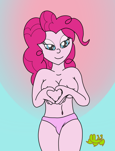 Size: 2496x3280 | Tagged: suggestive, artist:missmagnificence, derpibooru import, pinkie pie, equestria girls, breasts, clothes, female, handbra, heart hands, heart shaped boob, looking at you, nudity, panties, partial nudity, pink underwear, solo, solo female, strategically covered, topless, underwear