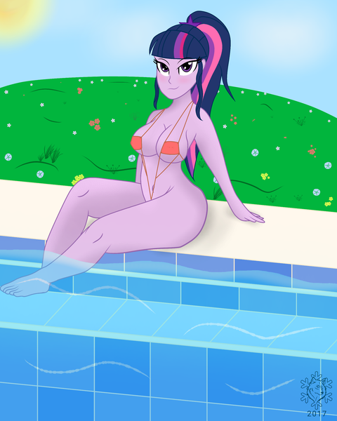 Size: 1280x1600 | Tagged: suggestive, artist:fimbulvinter, derpibooru import, sci-twi, twilight sparkle, equestria girls, absolute cleavage, bikini, breasts, busty twilight sparkle, cleavage, clothes, female, humanized, looking at you, micro bikini, outdoors, sideboob, solo, solo female, swimming pool, swimsuit