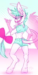 Size: 1613x3151 | Tagged: anthro, artist:ralek, bow, clothes, derpibooru import, fangs, female, halo, hippogriff, leonine tail, looking back, midriff, more teeth than the osmond family, nosebleed, oc, oc:passel, original species, panties, pants, pegasus, phantom wings, sharp teeth, shorts, short shirt, smiling, solo, solo female, striptease, suggestive, tail bow, teeth, underwear, unofficial characters only