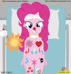 Size: 1038x1075 | Tagged: semi-grimdark, suggestive, alternate version, artist:conikiblasu-fan, derpibooru import, pinkie pie, equestria girls, bandage, bodypaint, breasts, busty pinkie pie, clothes, cutie mark, cutie mark on equestria girl, female, gloves, hospital, image, medical gloves, missing teeth, neck brace, nudity, operation, operation (game), patreon, patreon logo, png, rubber gloves, solo, solo female, strategically covered