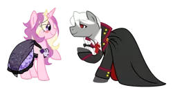 Size: 1024x534 | Tagged: safe, artist:mattedloki95, artist:yokokinawa, derpibooru import, oc, oc:dracula, oc:lullaby, ponified, pony, unicorn, cape, clothes, collaboration, dracula, dress, elegant, female, flower, male, mare, rose, simple background, stallion, transparent background