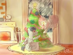 Size: 1400x1050 | Tagged: safe, artist:sugar morning, derpibooru import, oc, oc:slipstream, oc:sugar morning, unofficial characters only, pegasus, pony, christmas, christmas lights, christmas tree, cute, decorating, decoration, female, fireplace, hearth's warming, hearth's warming eve, holiday, indoors, male, mare, oc x oc, shipping, sketch, snow, snowfall, stallion, straight, sugarstream, tree, winter