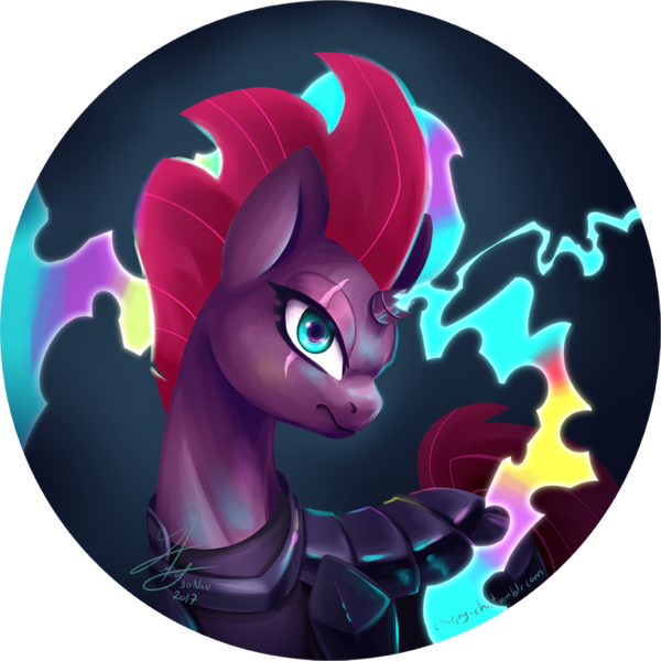 Size: 837x837 | Tagged: safe, artist:chirpy-chi, derpibooru import, tempest shadow, pony, unicorn, my little pony: the movie, broken horn, eye scar, female, horn, looking at you, mare, scar, simple background, solo, sparking horn, transparent background