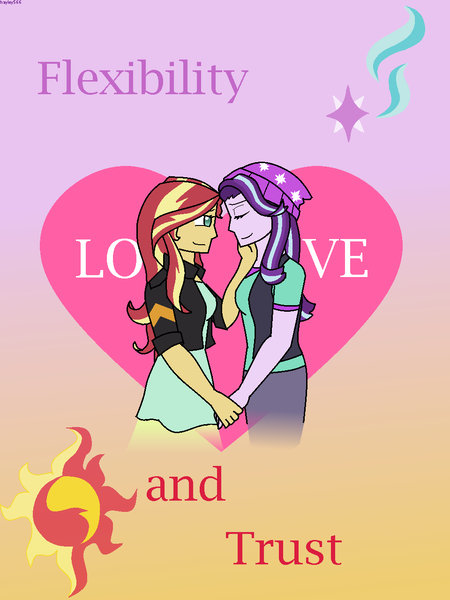 Size: 960x1280 | Tagged: safe, artist:hayley566, derpibooru import, starlight glimmer, sunset shimmer, equestria girls, beanie, clothes, cutie mark, eyes closed, female, gradient background, hat, heart, holding hands, jacket, leather jacket, lesbian, shimmerglimmer, shipping