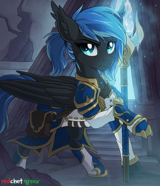 Size: 1400x1634 | Tagged: safe, artist:redchetgreen, derpibooru import, oc, oc:midnight light, unofficial characters only, pegasus, pony, armor, claws, commission, female, mare, serious, serious face, solo, weapon, ych result