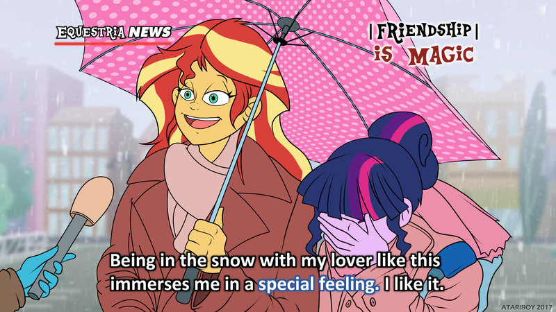 Size: 1920x1080 | Tagged: safe, artist:atariboy2600, derpibooru import, sci-twi, sunset shimmer, twilight sparkle, equestria girls, clothes, dialogue, female, lesbian, meme, microphone, scitwishimmer, shipping, smiling, special feeling, sunsetsparkle, umbrella