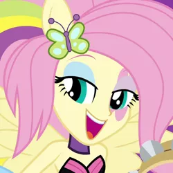 Size: 690x690 | Tagged: safe, derpibooru import, screencap, fluttershy, equestria girls, rainbow rocks, shake your tail, animation error, bare shoulders, cropped, cute, huggable, image, musical instrument, open mouth, png, ponied up, rainbow rocks outfit, shyabetes, sleeveless, solo, strapless, tambourine