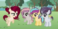 Size: 1369x690 | Tagged: safe, artist:marielle5breda, derpibooru import, oc, oc:apple sauce, oc:diara, oc:hurricane, oc:sweet song, unofficial characters only, earth pony, pegasus, pony, unicorn, colored wings, female, filly, multicolored wings, offspring, parent:apple bloom, parent:babs seed, parent:button mash, parent:pipsqueak, parent:rumble, parent:scootaloo, parent:sweetie belle, parent:tender taps, parents:pipseed, parents:rumbloo, parents:sweetiemash, parents:tenderbloom