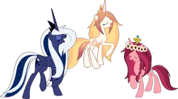 Size: 3552x1968 | Tagged: safe, artist:luckyclau, derpibooru import, gloriosa daisy, princess celestia, princess luna, ponified, alicorn, pony, alternate universe, equestria girls ponified, female, folded wings, gloriosacorn, mare, raised hoof, simple background, transparent background, vector