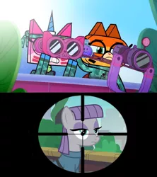 Size: 1272x1433 | Tagged: safe, derpibooru import, edit, edited screencap, screencap, maud pie, earth pony, pony, cartoon network, crosshair, crossover, dr. fox, female, lego, mare, meme, spoilers for another series, the lego movie, this will end in happiness, this will end in tears, this will not end well, unikitty, unikitty! (tv series)