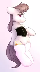 Size: 793x1415 | Tagged: safe, artist:tallaferroxiv, deleted from derpibooru, derpibooru import, oc, oc:hot dogger, unofficial characters only, earth pony, pony, clothes, corset, female, gradient background, looking at you, mare, sideways glance, socks, solo