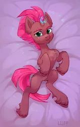 Size: 2062x3235 | Tagged: safe, artist:lispp, derpibooru import, tempest shadow, pony, unicorn, my little pony: the movie, bed, broken horn, chest fluff, cute, eye scar, female, fluffy, horn, looking at you, mare, on back, scar, solo, sparking horn, tempestbetes, unshorn fetlocks