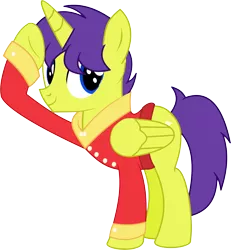 Size: 5371x5823 | Tagged: 2018 community collab, absurd resolution, alicorn, artist:cyanlightning, clothes, derpibooru community collaboration, derpibooru import, looking at you, male, oc, oc:orion galaxy, safe, salute, simple background, solo, stallion, .svg available, transparent background, unofficial characters only, vector