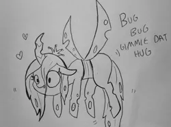 Size: 1553x1147 | Tagged: safe, artist:tjpones, derpibooru import, queen chrysalis, changeling, changeling queen, black and white, curved horn, dialogue, female, flying, grayscale, heart, hugs 4 bugs, lineart, monochrome, simple background, sketch, solo, traditional art