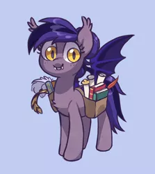 Size: 900x1010 | Tagged: safe, artist:dawnfire, derpibooru import, oc, oc:inky, unofficial characters only, bat pony, pony, blue background, book, chest fluff, fangs, female, mare, saddle bag, simple background, smiling, solo