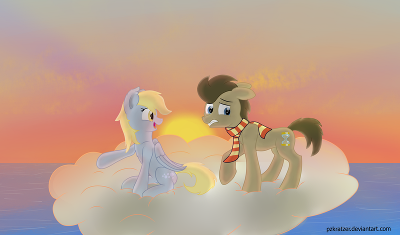 Size: 5000x2940 | Tagged: safe, artist:pzkratzer, derpibooru import, derpy hooves, doctor whooves, time turner, pegasus, pony, acrophobia, cloud, cloudy, doctorderpy, female, male, ocean, open mouth, scared, shipping, straight, sunset