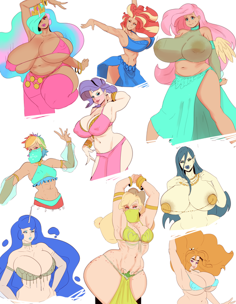 Size: 2628x3375 | Tagged: questionable, artist:sundown, derpibooru import, adagio dazzle, applejack, fluttershy, princess celestia, princess luna, queen chrysalis, rainbow dash, rarity, sunset shimmer, gerudo, human, applebucking thighs, areola, areola outline, armpits, belly, belly button, belly dance, belly dancer, big areola, big breasts, breasts, busty adagio dazzle, busty applejack, busty fluttershy, busty princess celestia, busty princess luna, busty queen chrysalis, busty rarity, busty sunset shimmer, clothes, female, hips, huge breasts, humanized, jacqueline applebuck, juliette d'rarie, loincloth, midriff, nipples, nudity, plump, simple background, sluttershy, smiling, the legend of zelda, veil, white background, wide hips